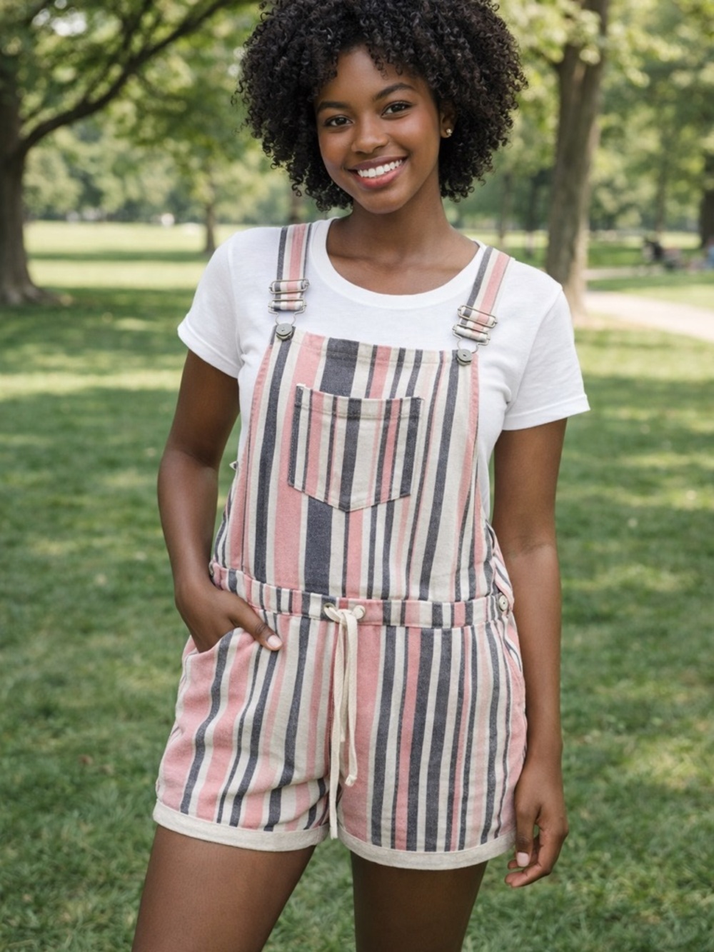 Striped Pink & Gray Women's Short Overalls